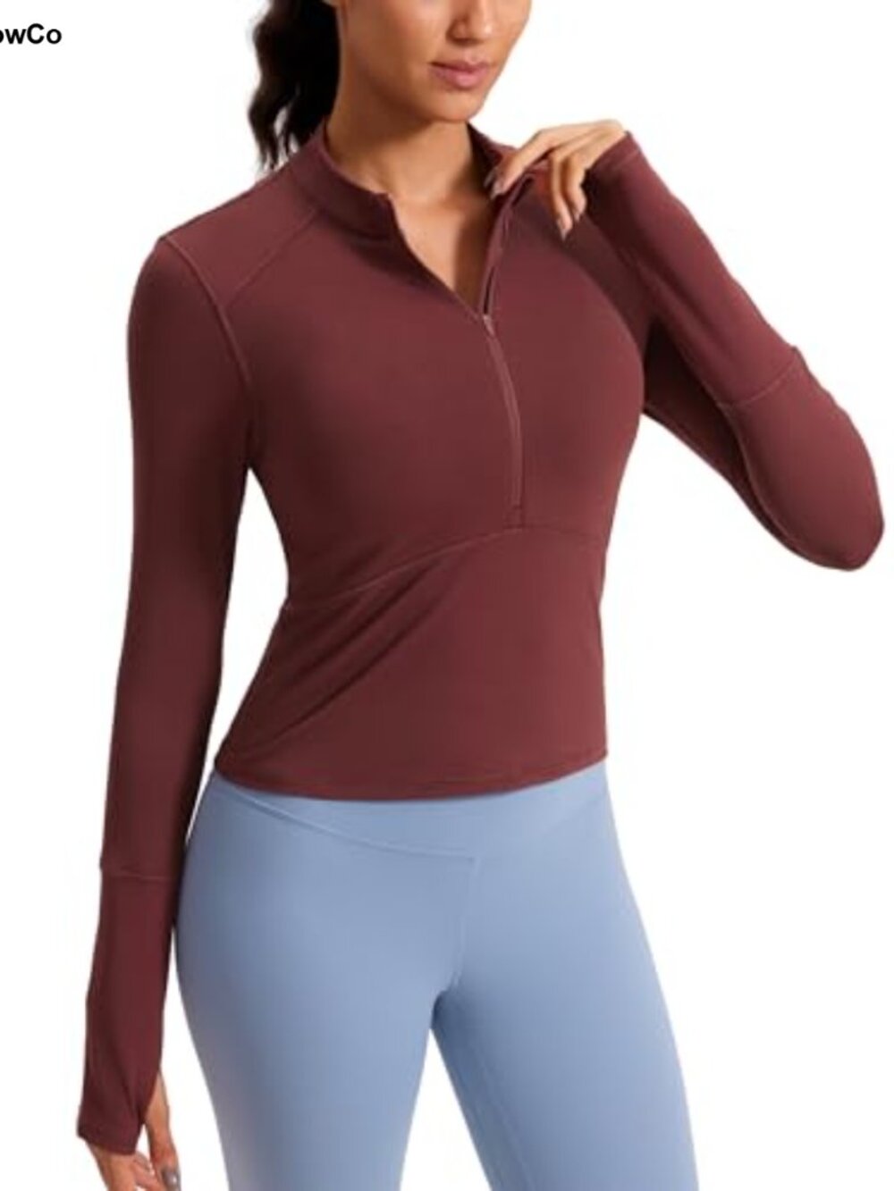 Womens Brushed Half Zip Crop Top Athletic Workout Thumbholes Slim Fit